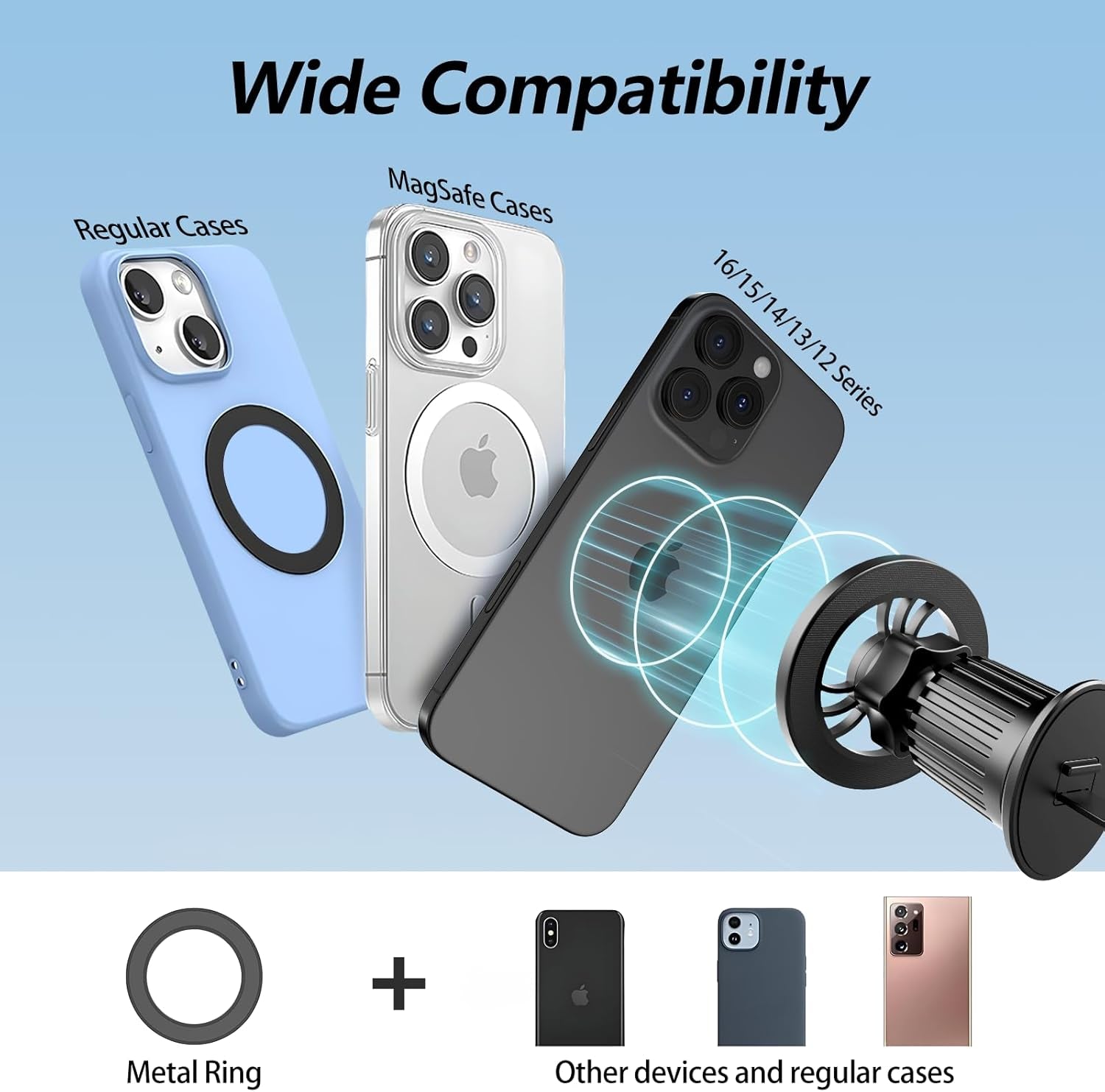 MagSafe Car Mount with 360° Flexible Rotation and Upgraded Metal Hook - Hands-Free Phone Holder for iPhone 16/15/14/13/12 Series, Black